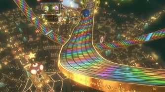 Mario Kart 8 Rainbow Road map distant shot