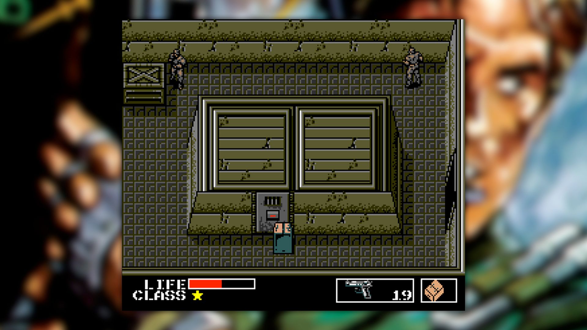 Metal Gear screenshot, Snake sneaking in a cardboard box with a guard on the other side