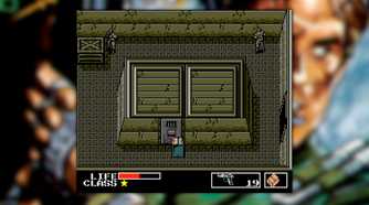Metal Gear screenshot, Snake sneaking in a cardboard box with a guard on the other side