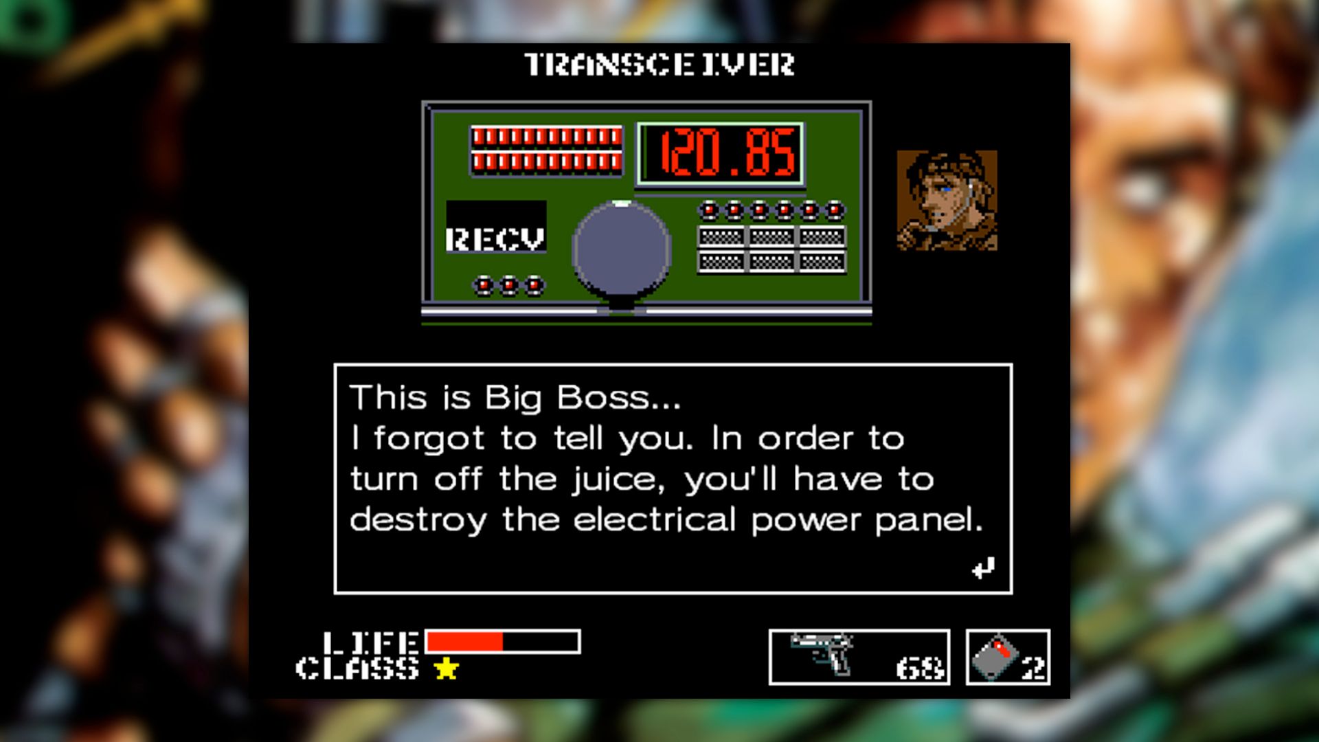 Metal Gear screenshot, a conversation over the codec radio. Subtitles read: "This is Big Boss... I forgot to tell you. In order to turn off the juice, you'll have to destroy the electrical power panel."