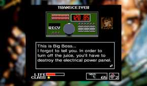 Metal Gear screenshot, a conversation over the codec radio. Subtitles read: "This is Big Boss... I forgot to tell you. In order to turn off the juice, you'll have to destroy the electrical power panel."