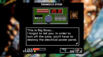Metal Gear screenshot, a conversation over the codec radio. Subtitles read: "This is Big Boss... I forgot to tell you. In order to turn off the juice, you'll have to destroy the electrical power panel."