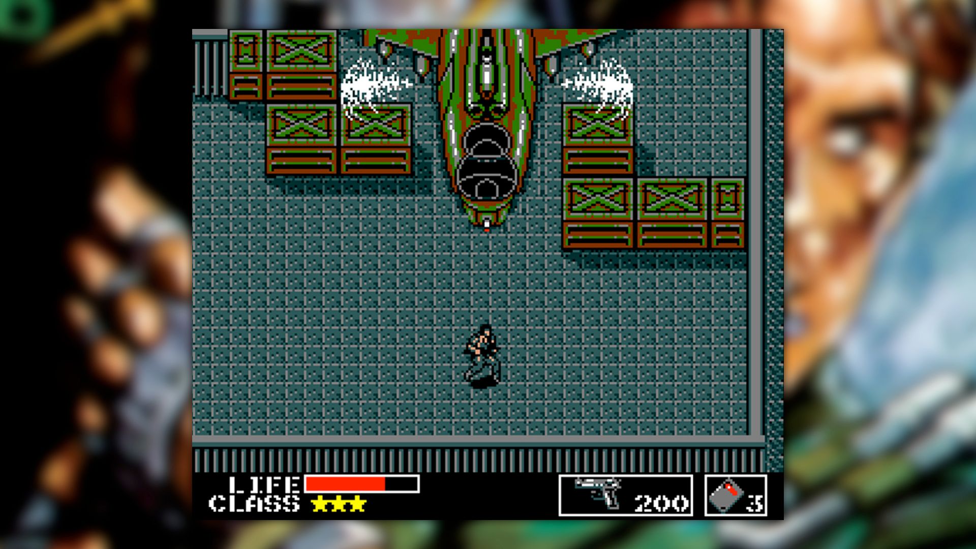 Metal Gear screenshot, Snake sneaking through a plane hangar as a helicopter takes off