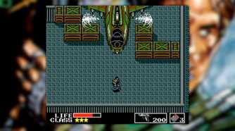 Metal Gear screenshot, Snake sneaking through a plane hangar as a helicopter takes off