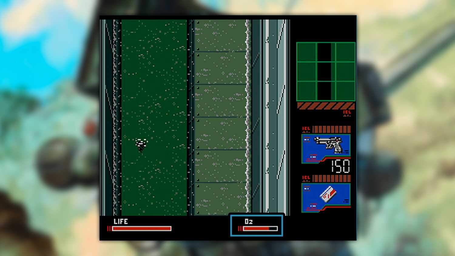 Metal Gear 2 screenshot of Snake sneaking through water, his o2 level highlighted