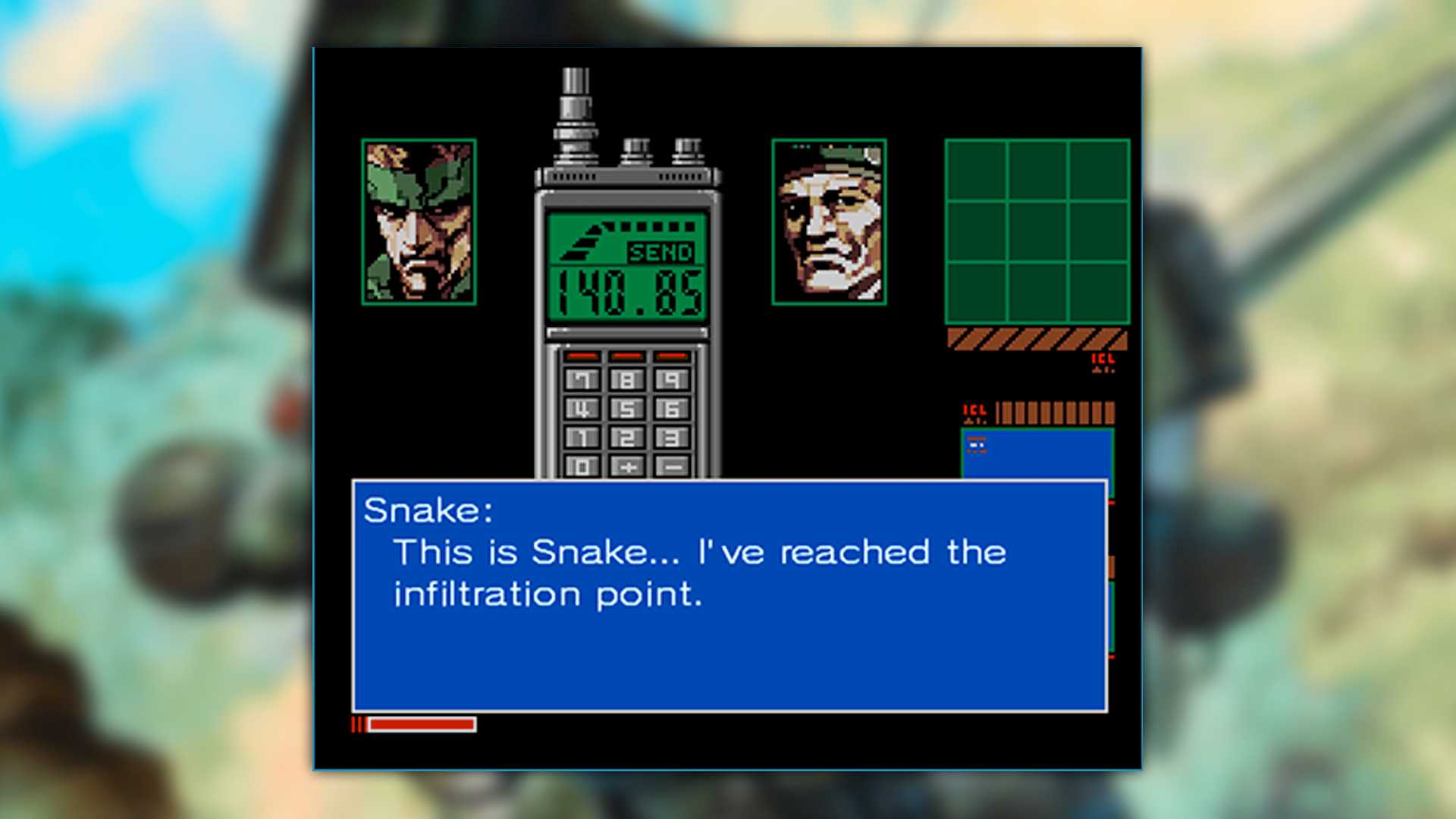 Metal Gear 2 screenshot, Snake talking to Roy Campbell over the codec. Snake speaks: "This is Snake... I've reached the infiltration point."