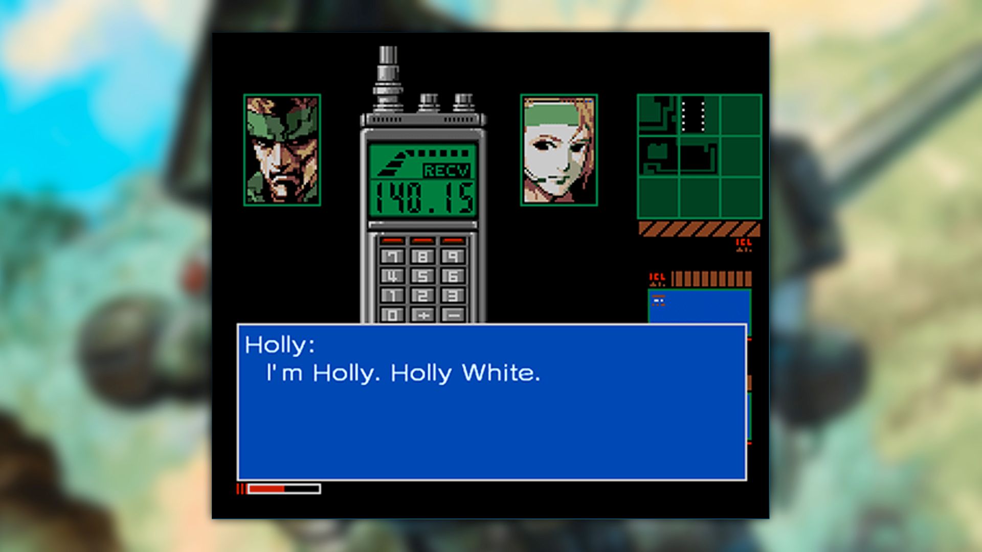 Metal Gear Solid 2 screenshot, Snake talking on the codec to Holly. The subtitles read, "I'm Holly. Holly White."