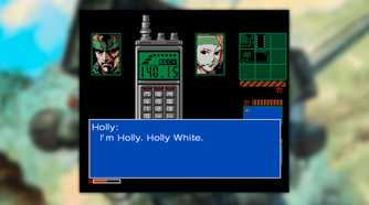 Metal Gear Solid 2 screenshot, Snake talking on the codec to Holly. The subtitles read, "I'm Holly. Holly White."