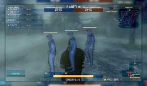 Metal Gear Arcade screenshot of three player characters stood in a row, the score is 25-25.