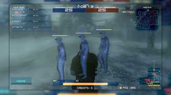 Metal Gear Arcade screenshot of three player characters stood in a row, the score is 25-25.