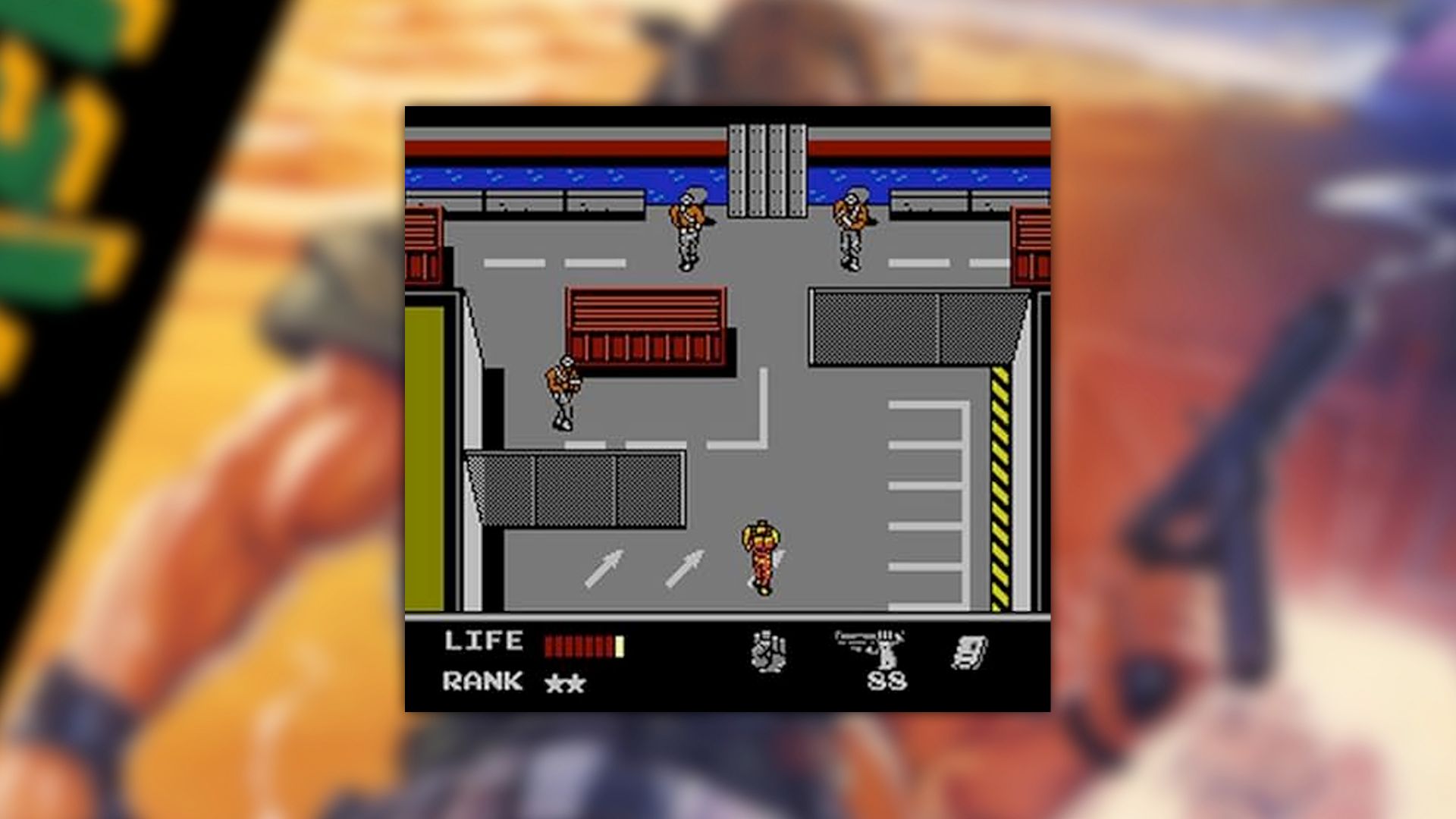 Metal Gear Snake's Revenge screenshot of Snake sneaking through a car park area