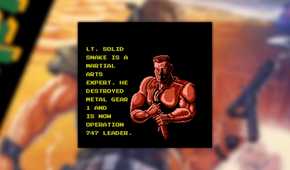 Metal Gear Snake's Revenge screenshot of Snake in red, with the text reading: LT. Solid Snake is a martial arts expert. He destroyed Metal Gear 1 and is now Operation 747 leader.