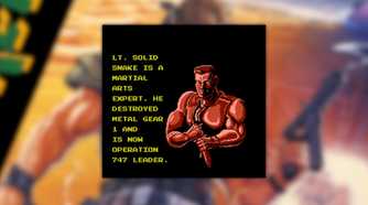 Metal Gear Snake's Revenge screenshot of Snake in red, with the text reading: LT. Solid Snake is a martial arts expert. He destroyed Metal Gear 1 and is now Operation 747 leader.