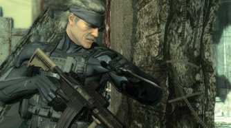 Screenshot from Metal Gear Solid 4: Guns of the Patriots video game of character Old Snake preparing to turn a corner.