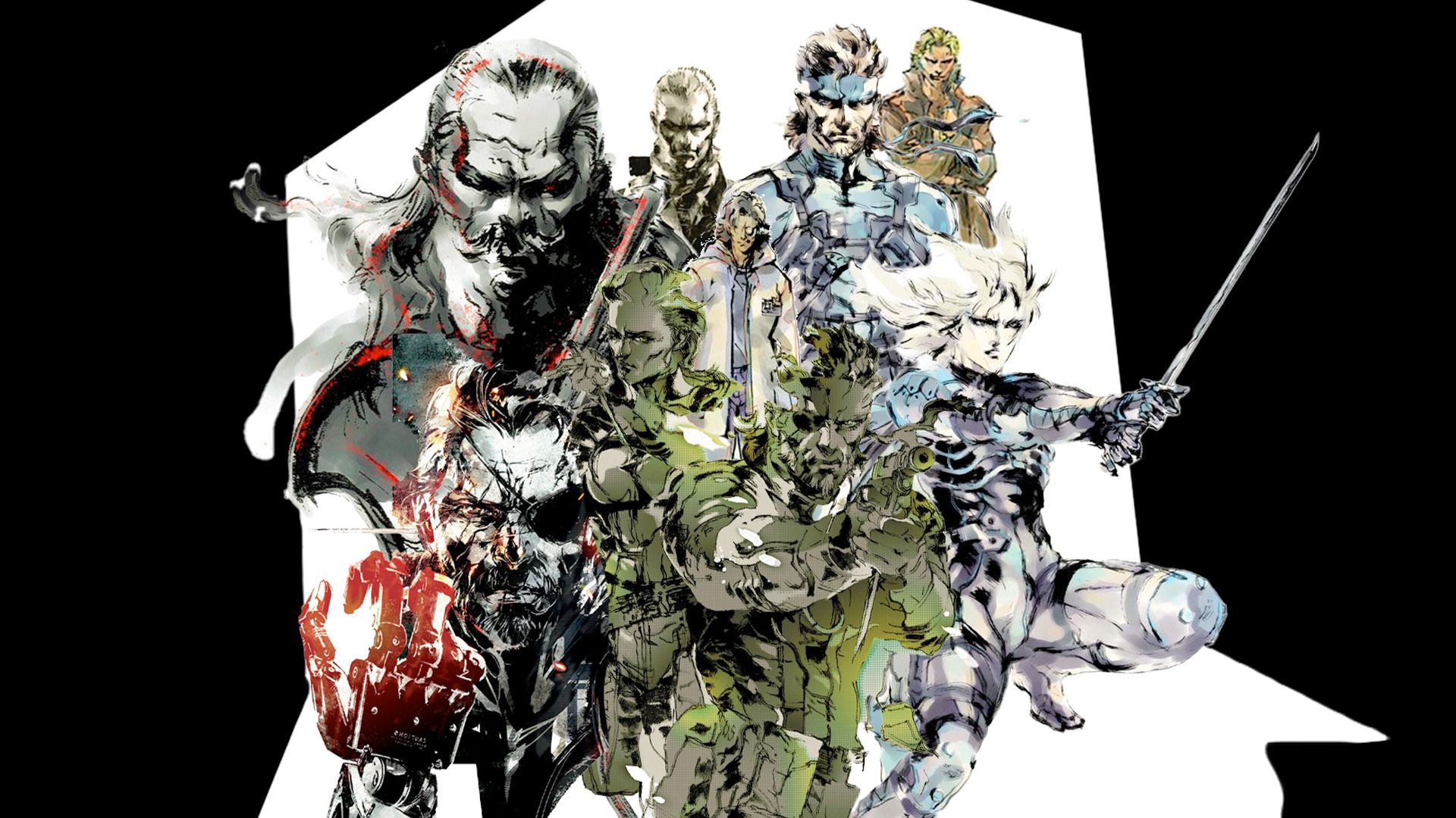 Metal Gear Solid art by Yoji Shinkawa. Big Boss and The Boss from MGS3 are up front. To the right is Raiden with his sword, above him is Solid Snake and Liquid Snake. Next to Solid Snake on his left is Otacon and a Young Revolver Ocelot. Behind him and to the left is Revolver Ocelot from MGS2 and below is Venom Snake from MGSV. Behind them is the outline of Snake hiding in a box, white on a black background.