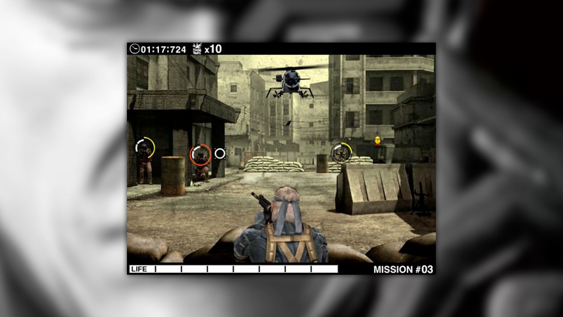 Metal Gear Solid Touch screenshot of Snake shooting at enemies as a helicopter flies overhead