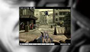 Metal Gear Solid Touch screenshot of Snake shooting at enemies as a helicopter flies overhead