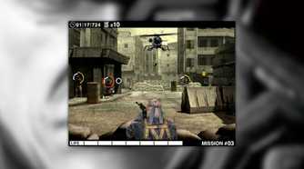 Metal Gear Solid Touch screenshot of Snake shooting at enemies as a helicopter flies overhead