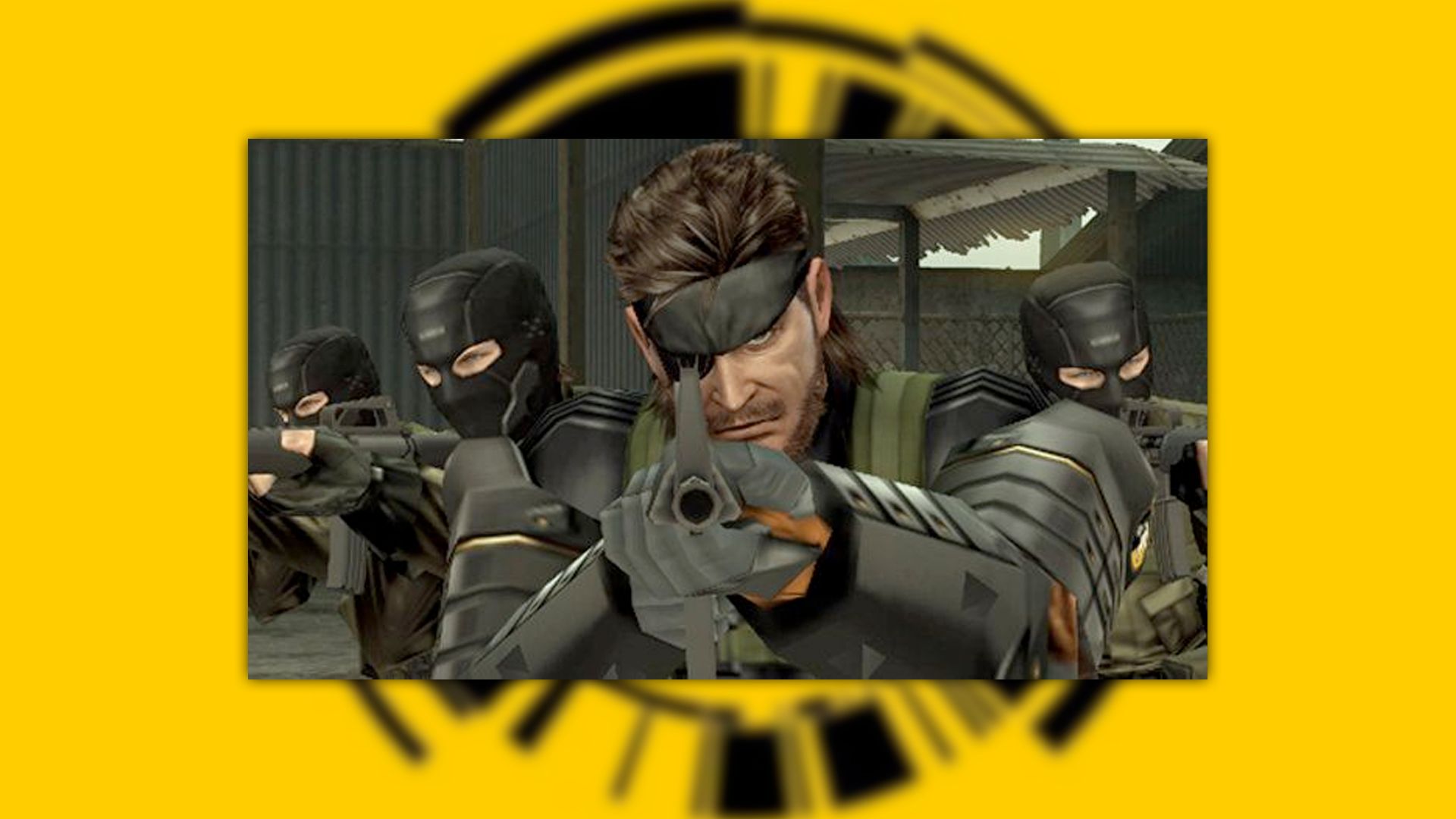 MGS: Peace Walker screenshot on a yellow background, with Snake and soliders pointing guns directly at the screen.
