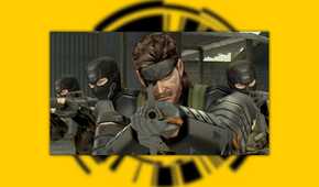 MGS: Peace Walker screenshot on a yellow background, with Snake and soliders pointing guns directly at the screen.