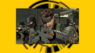 MGS: Peace Walker screenshot on a yellow background, with Snake and soliders pointing guns directly at the screen.
