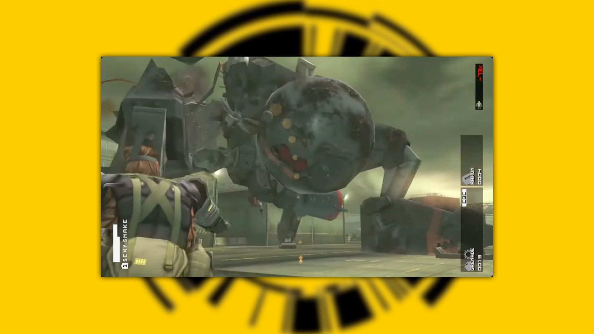 MGS: Peace Walker screenshot on a yellow background of Snake throwing a grenade at a giant mech