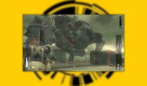 MGS: Peace Walker screenshot on a yellow background of Snake throwing a grenade at a giant mech