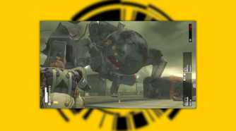 MGS: Peace Walker screenshot on a yellow background of Snake throwing a grenade at a giant mech
