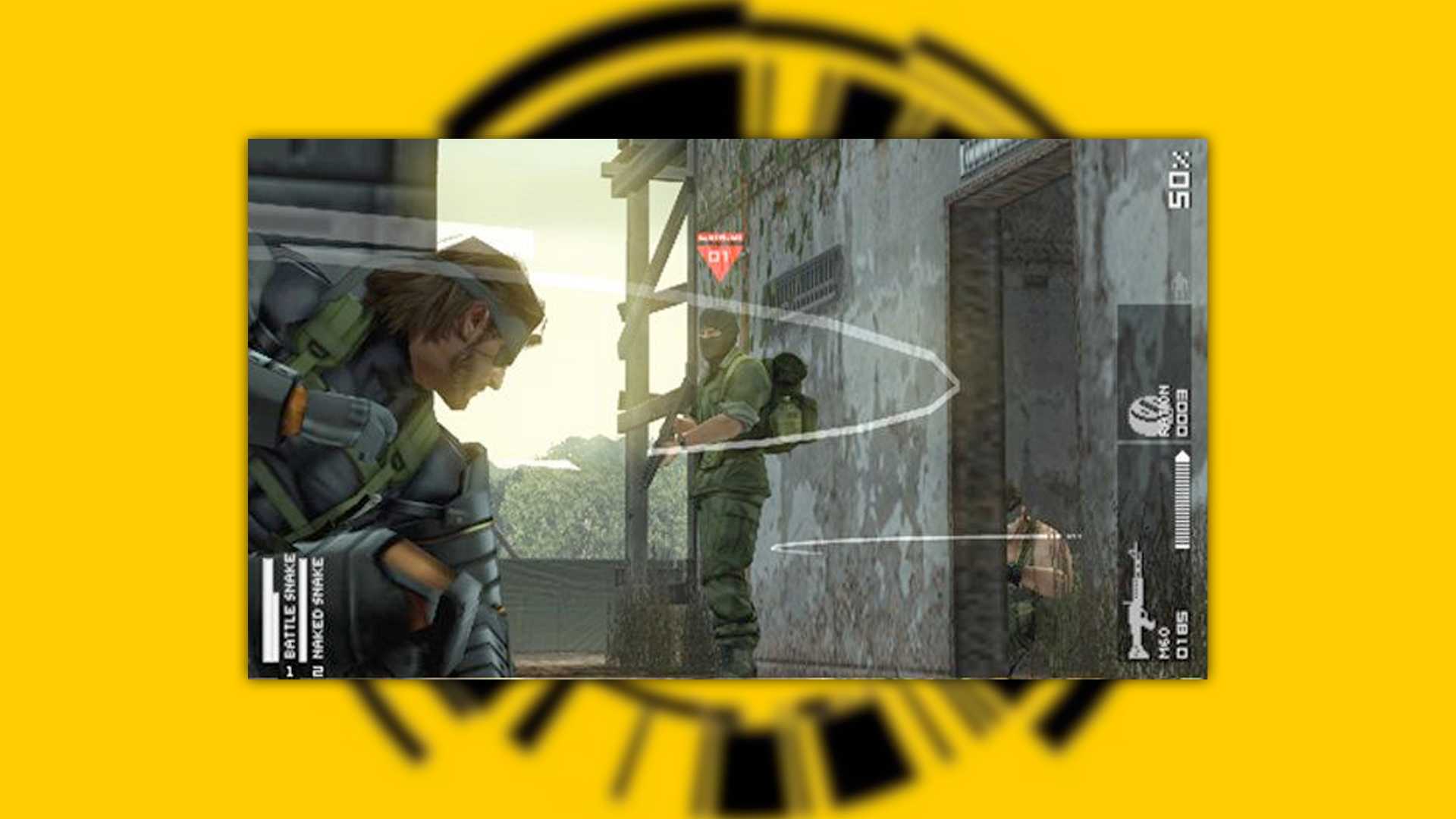 MGS: Peace Walker screenshot on a yellow background, of Snake sneaking behind a crate and peering around it at an enemy guard