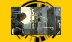 MGS: Peace Walker screenshot on a yellow background, of Snake sneaking behind a crate and peering around it at an enemy guard