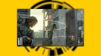 MGS: Peace Walker screenshot on a yellow background, of Snake sneaking behind a crate and peering around it at an enemy guard