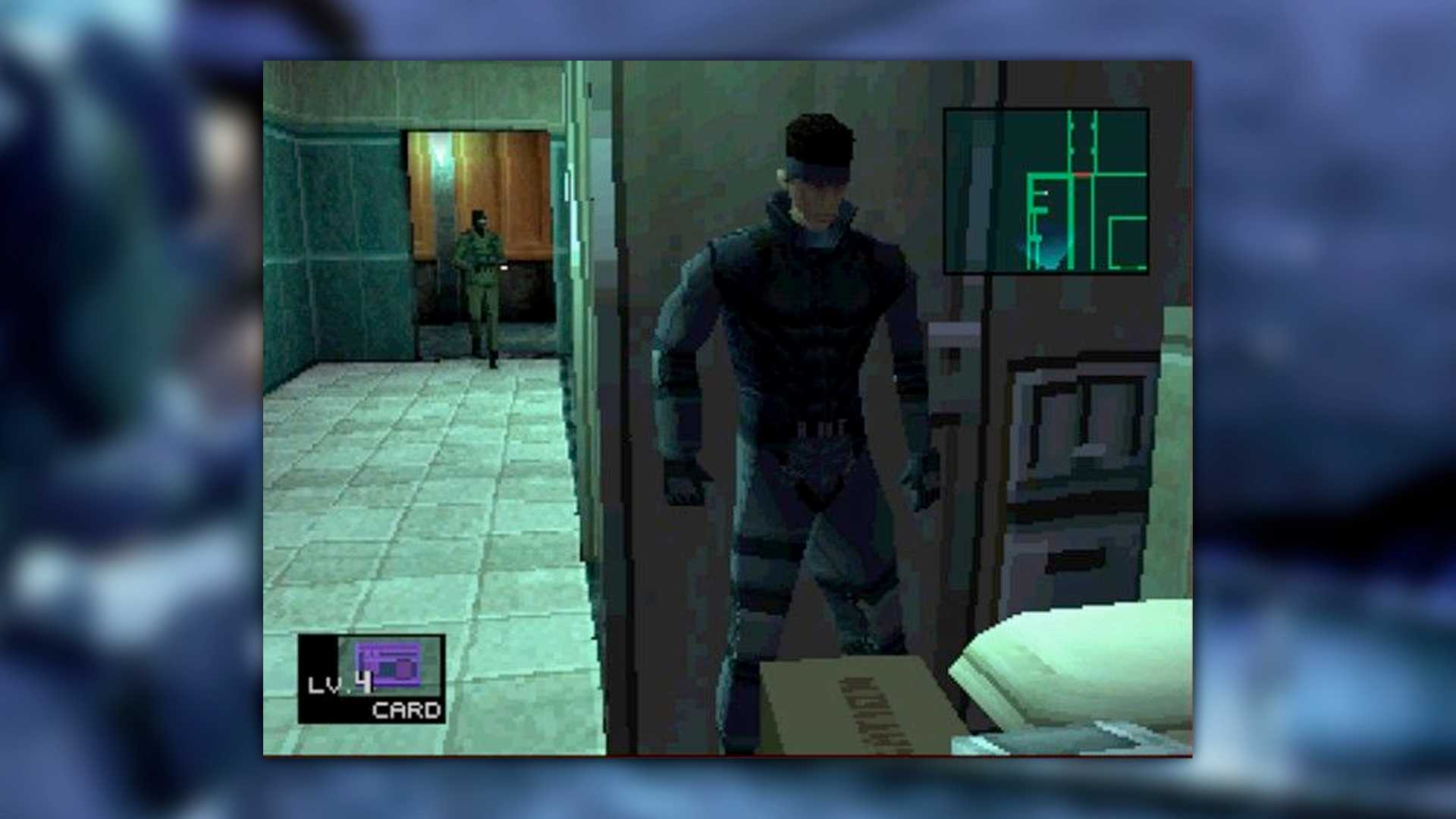 Metal Gear Solid 1 screenshot, Snake is hiding in the toilets as a guard walks in