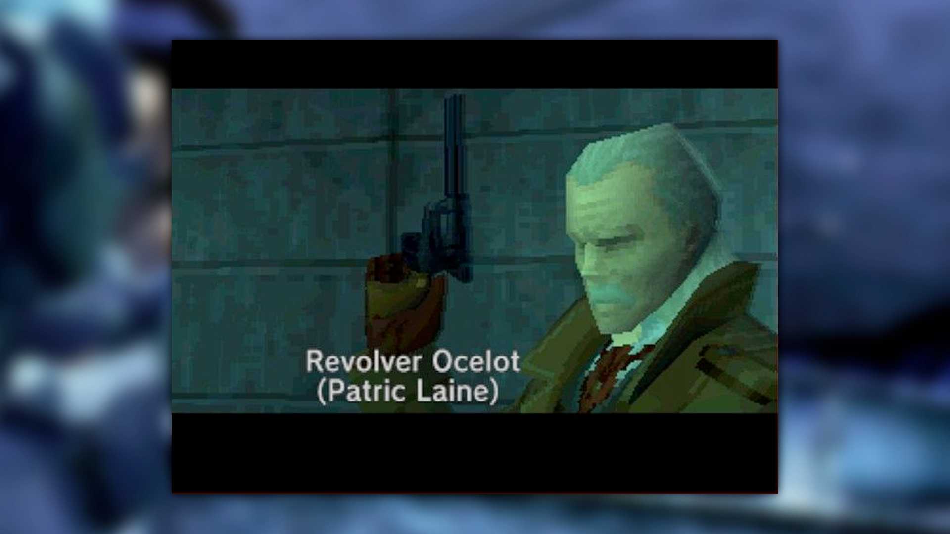Metal Gear Solid 1 screenshot, Revolver Ocelot close up with his name flashed on screen. Underneath in brackets is the name of the voice actor, Pratic Lane.