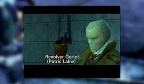 Metal Gear Solid 1 screenshot, Revolver Ocelot close up with his name flashed on screen. Underneath in brackets is the name of the voice actor, Pratic Lane.