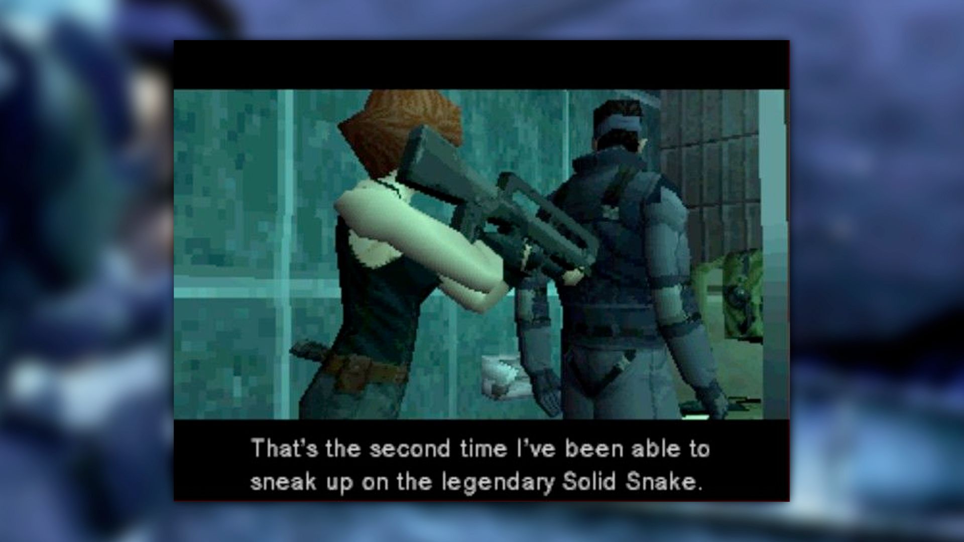 Metal Gear Solid 1 screenshot, Meryl holds up Snake. The subtitles underneath say, "That's the second time I've been able to sneak up the legendary Solid Snake."