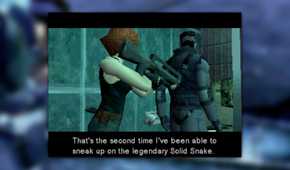 Metal Gear Solid 1 screenshot, Meryl holds up Snake. The subtitles underneath say, "That's the second time I've been able to sneak up the legendary Solid Snake."