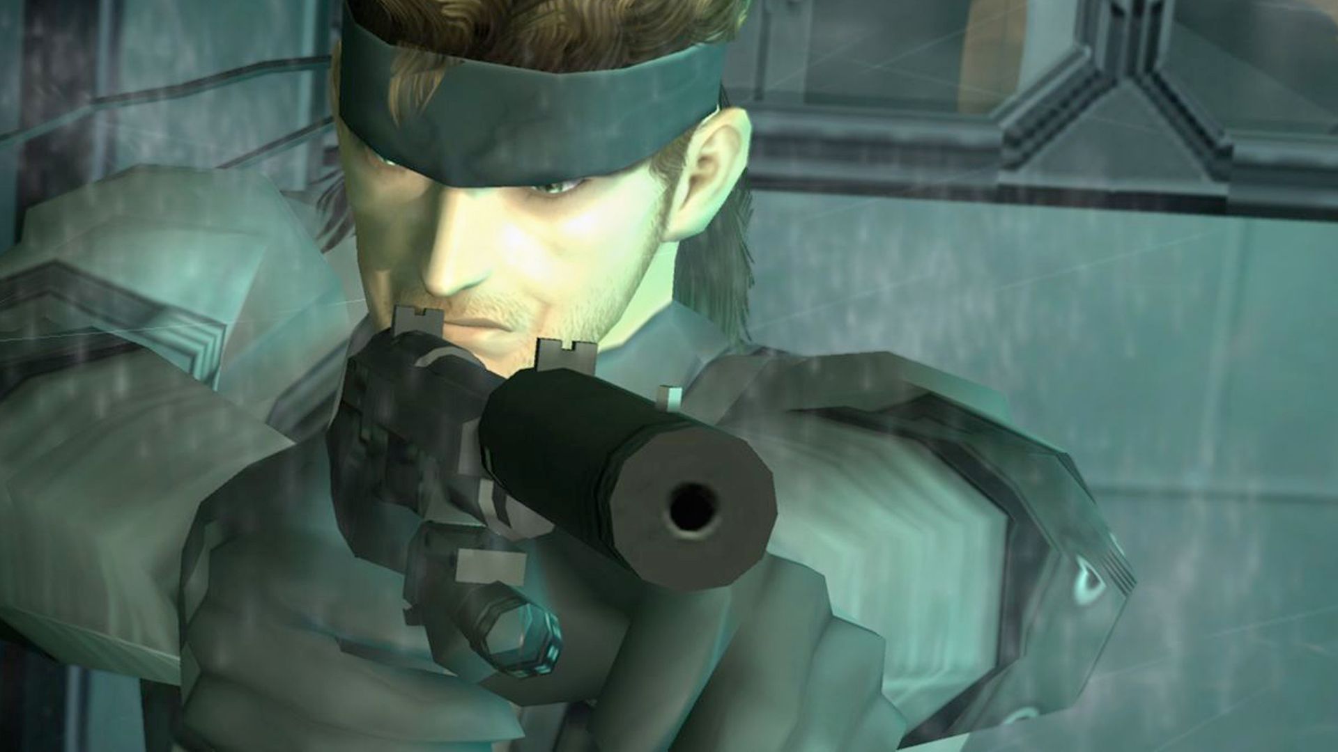 MGS2 screenshot, Solid Snake pointing gun at the screen