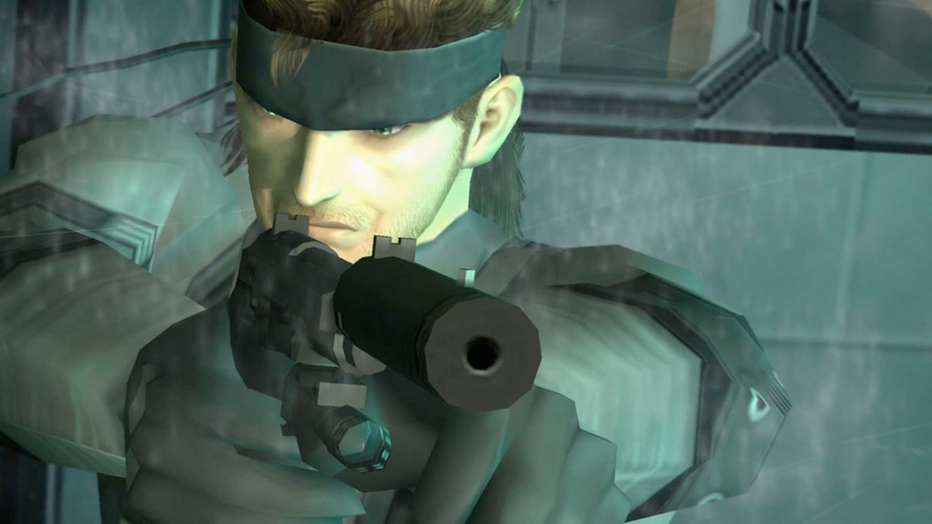 MGS2 screenshot, Solid Snake pointing gun at the screen