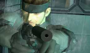 MGS2 screenshot, Solid Snake pointing gun at the screen