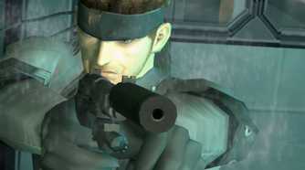 MGS2 screenshot, Solid Snake pointing gun at the screen