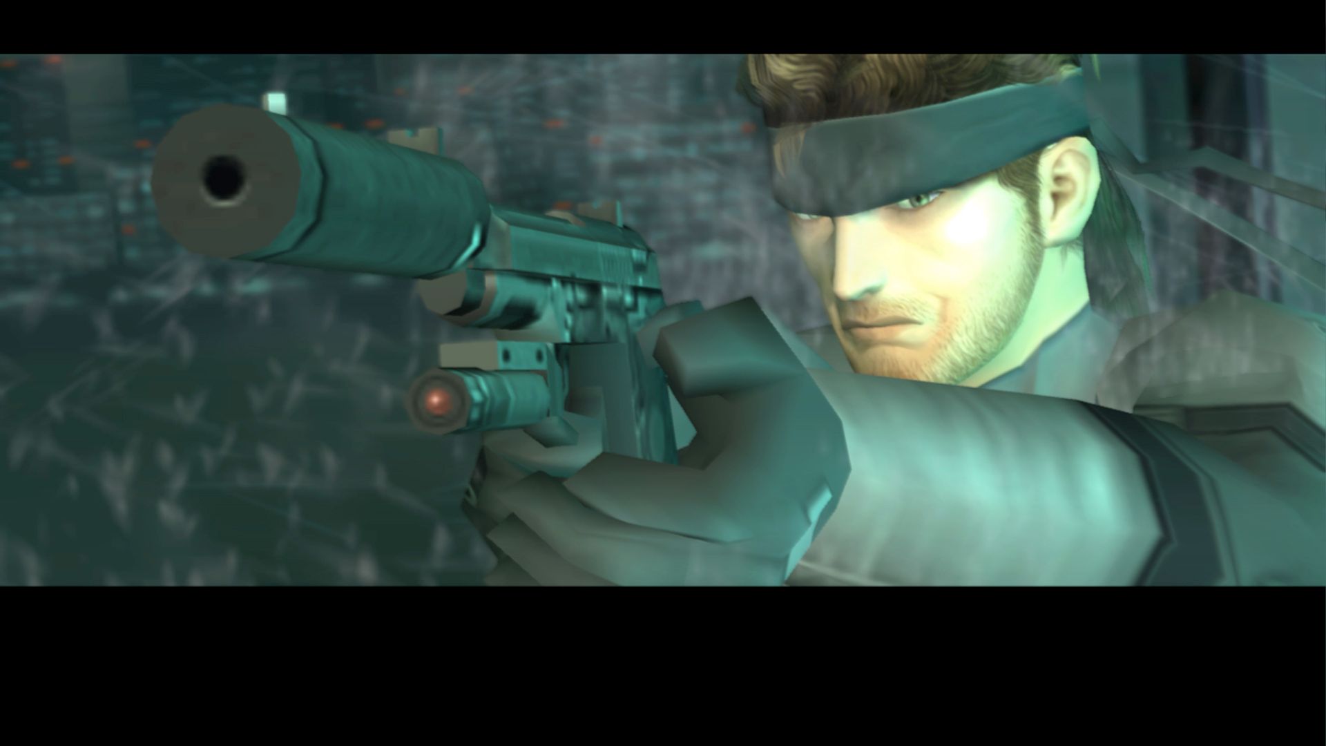 MGS2 screenshot, Solid Snake pointing gun at the screen