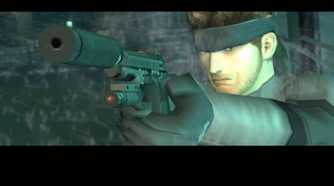 MGS2 screenshot, Solid Snake pointing gun at the screen