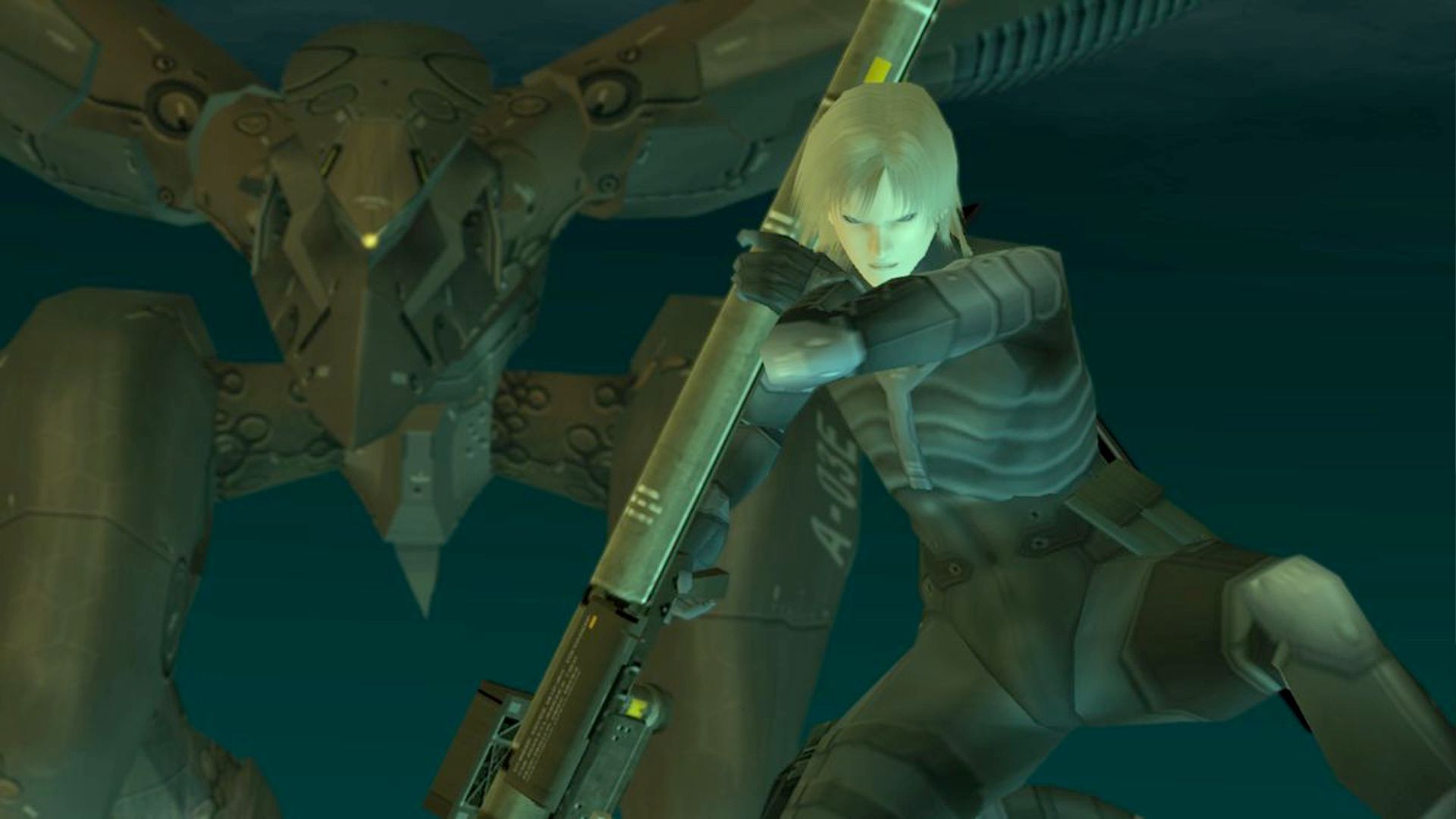 MGS2 screenshot of Raiden and Ray, Raiden holding a stinger missile launcher