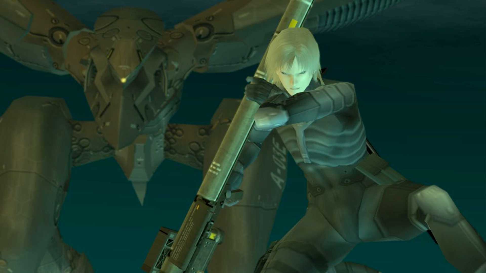 MGS2 screenshot of Raiden and Ray, Raiden holding a stinger missile launcher