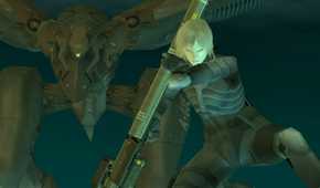 MGS2 screenshot of Raiden and Ray, Raiden holding a stinger missile launcher