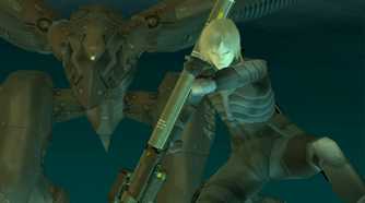 MGS2 screenshot of Raiden and Ray, Raiden holding a stinger missile launcher