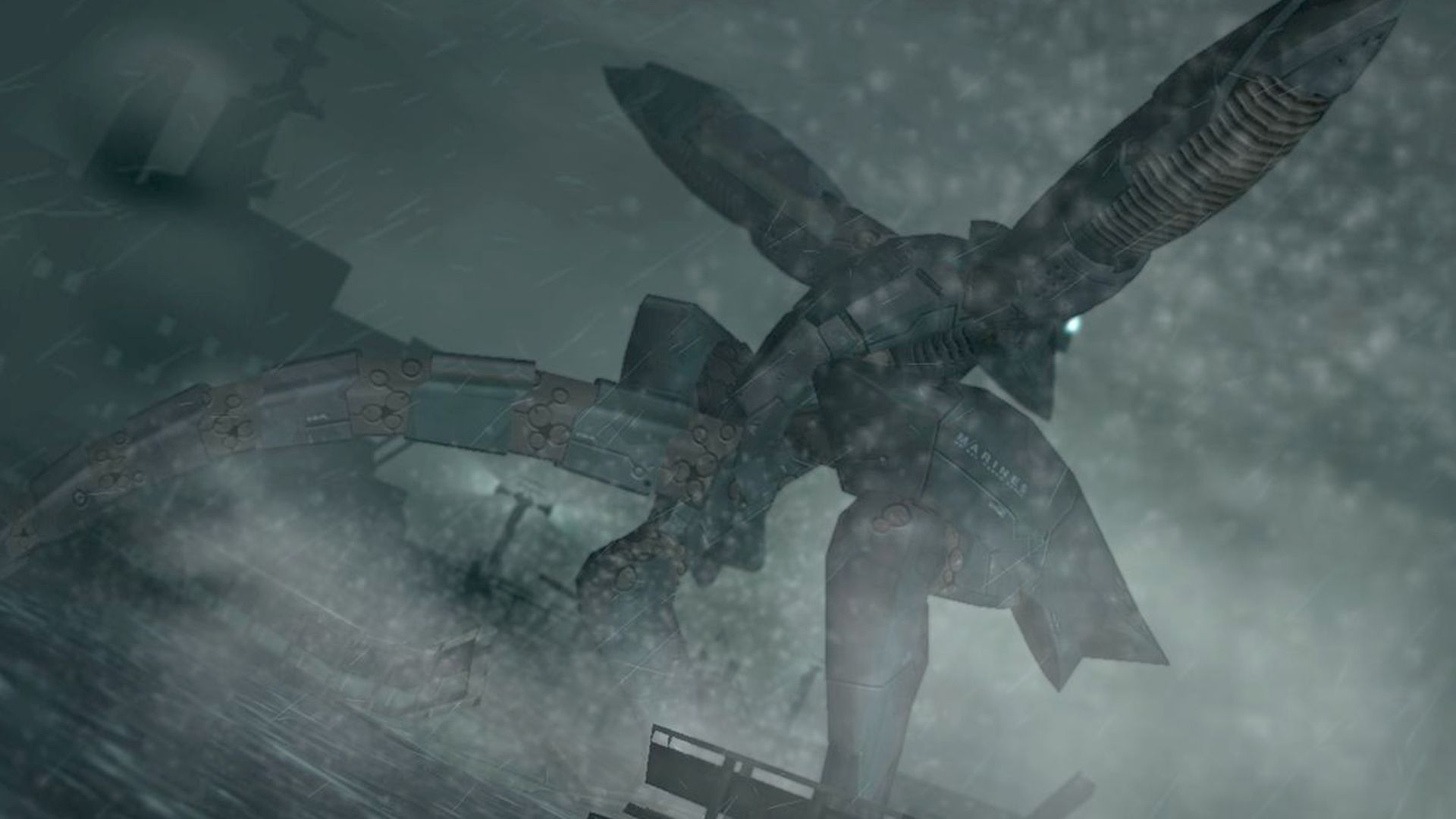 MGS2 screenshot, Metal Gear Ray bursting from the water