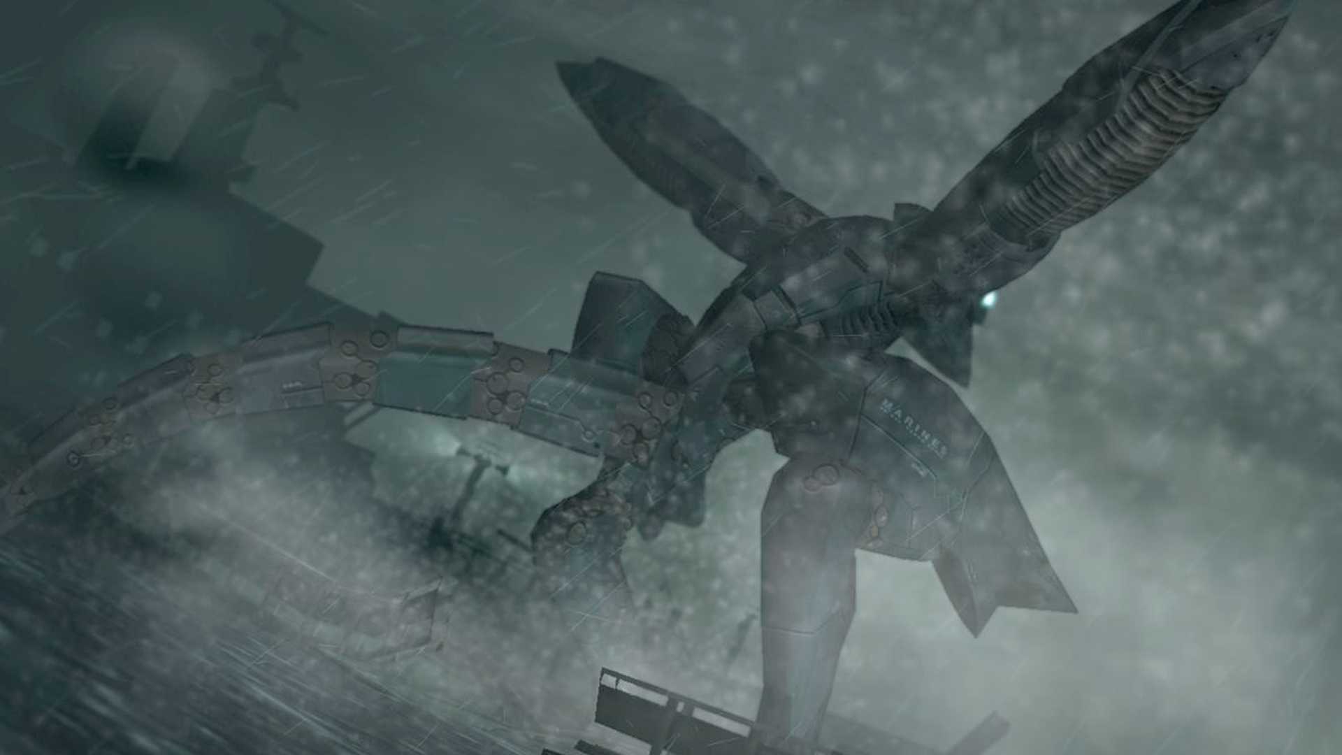 MGS2 screenshot, Metal Gear Ray bursting from the water