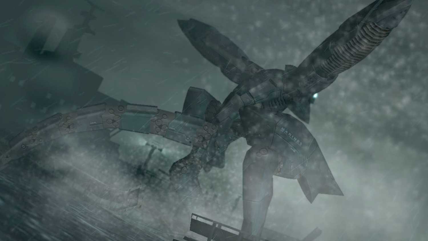MGS2 screenshot, Metal Gear Ray bursting from the water