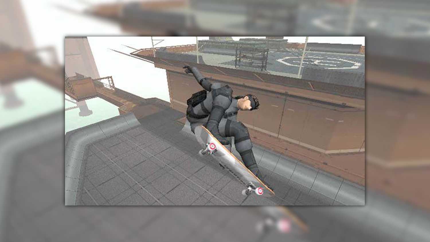 MGS2 skateboarding mini game, Snake flipping about on a skateboard